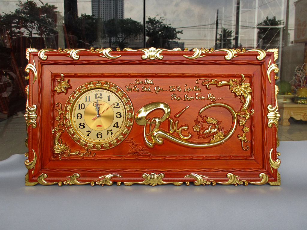 Tranh gỗ đồng hồ chữ Phúc thư pháp thếp vàng 88cm x 48cm - TGPX2282
