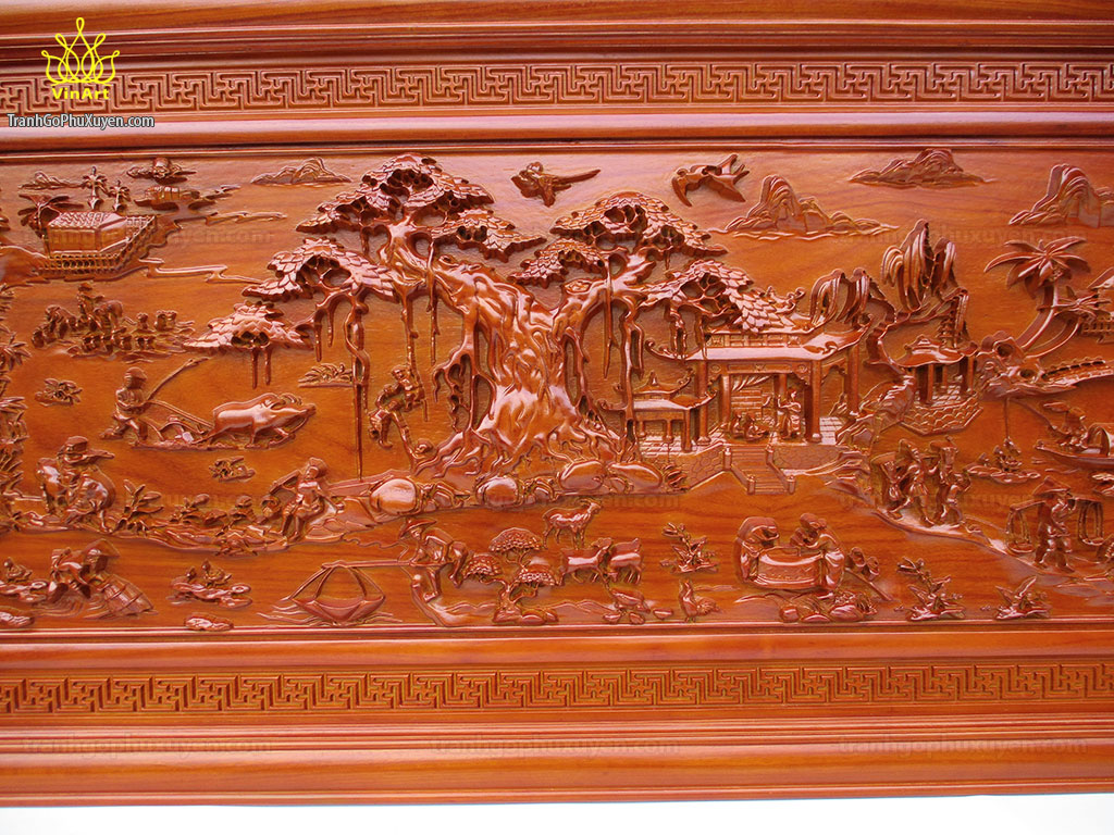Tranh phong cảnh đồng quê gỗ hương đỏ nam phi 155cm x 79cm - TGPX2259PU | Tranh  Gỗ Vũ Phong